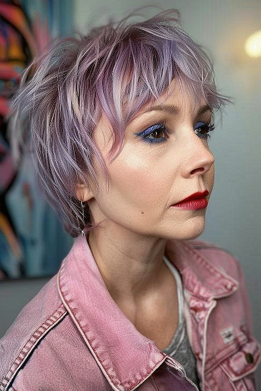 Woman with a textured crop haircut with lavender color and silver highlights