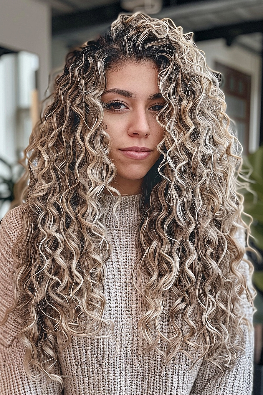 Long curls with ash blonde balayage highlights