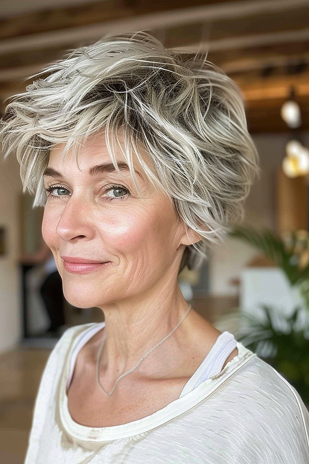 A woman with a short, tousled wavy pixie haircut in ash blonde.