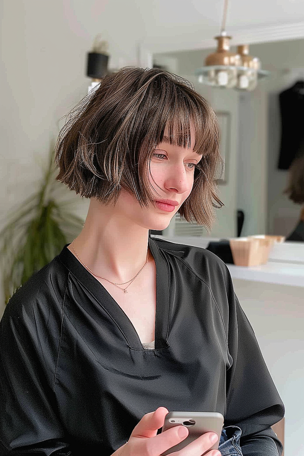 Woman with an effortless short shag haircut and wispy bangs