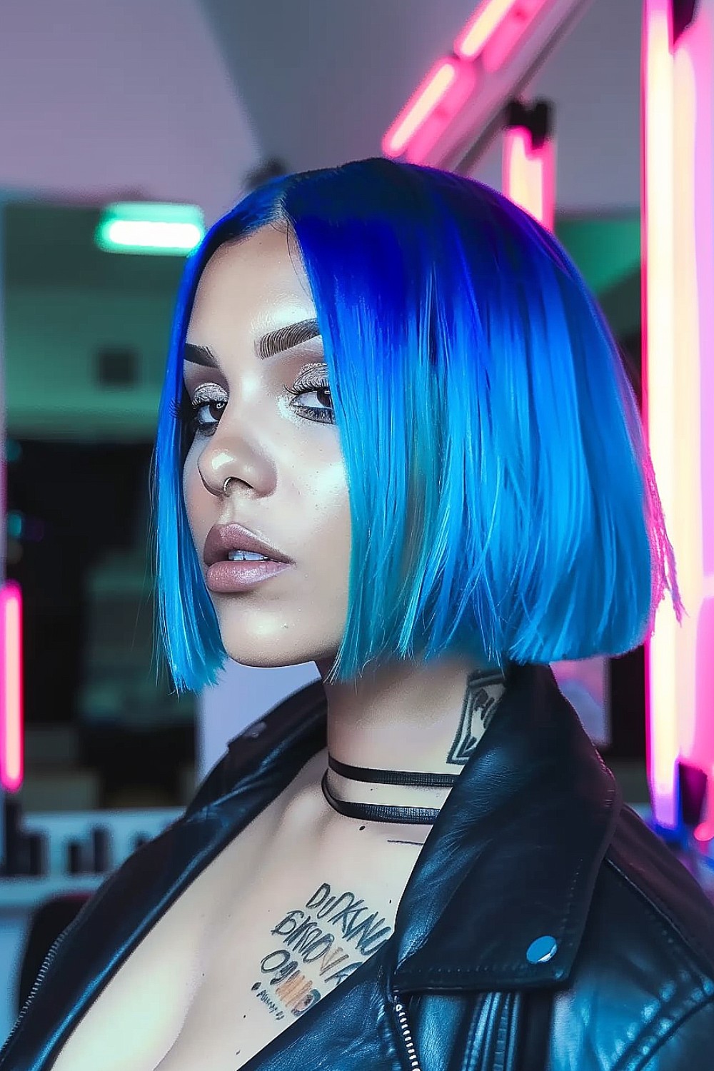 Electric blue blunt bob hairstyle