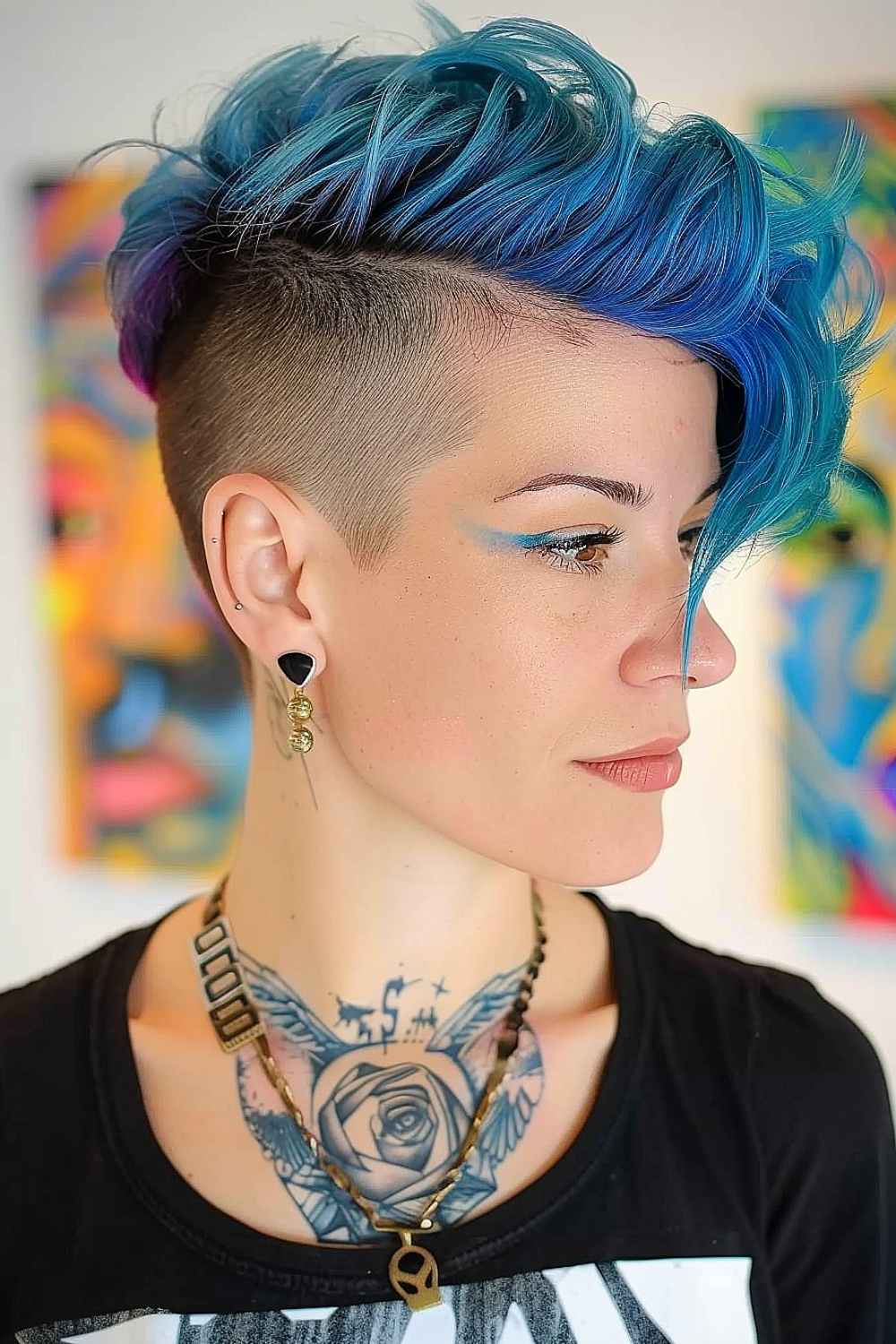 Electric blue layered pixie with bold undercut