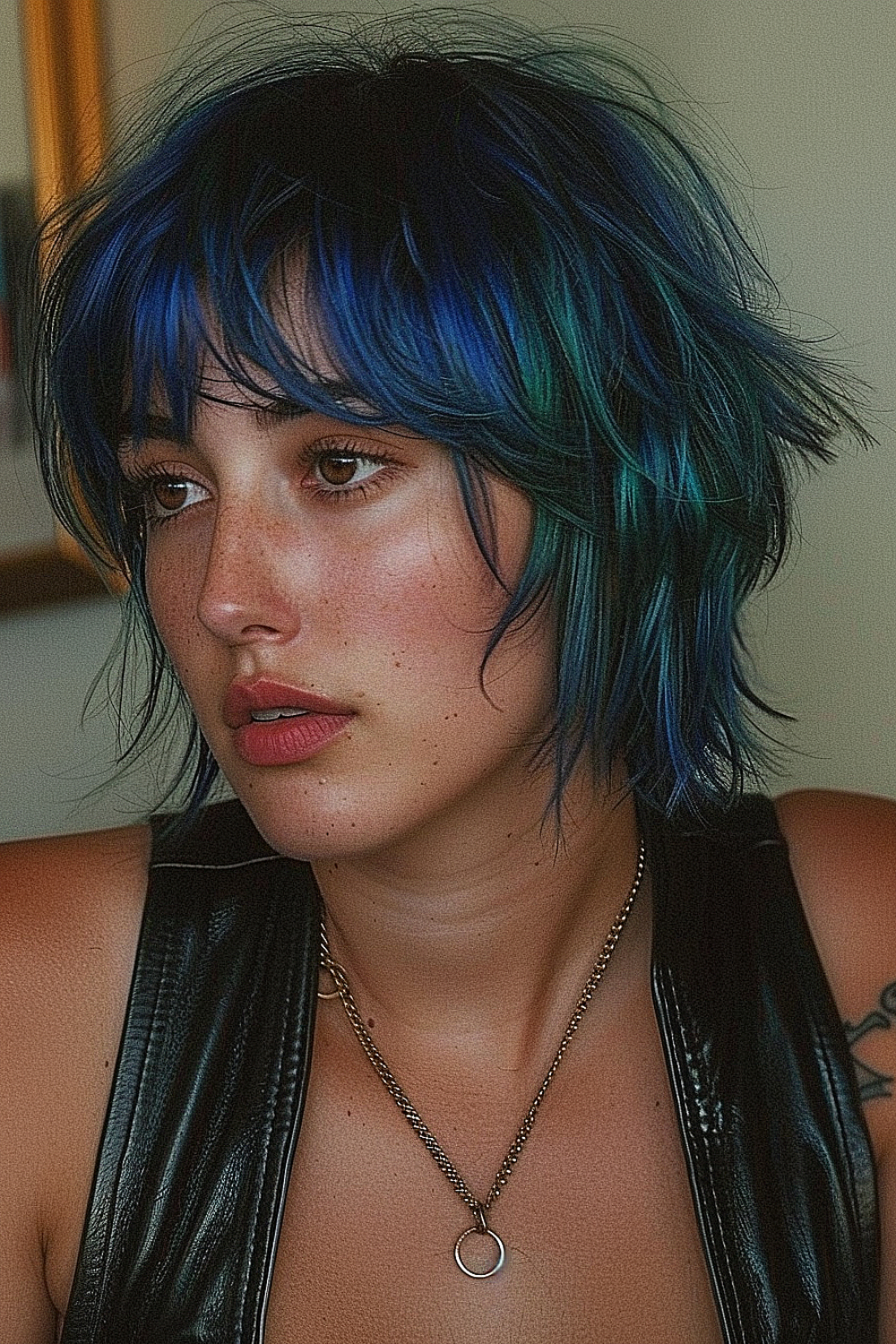 Woman with a shaggy bob in electric blue and teal, showcasing bold and vibrant hair color