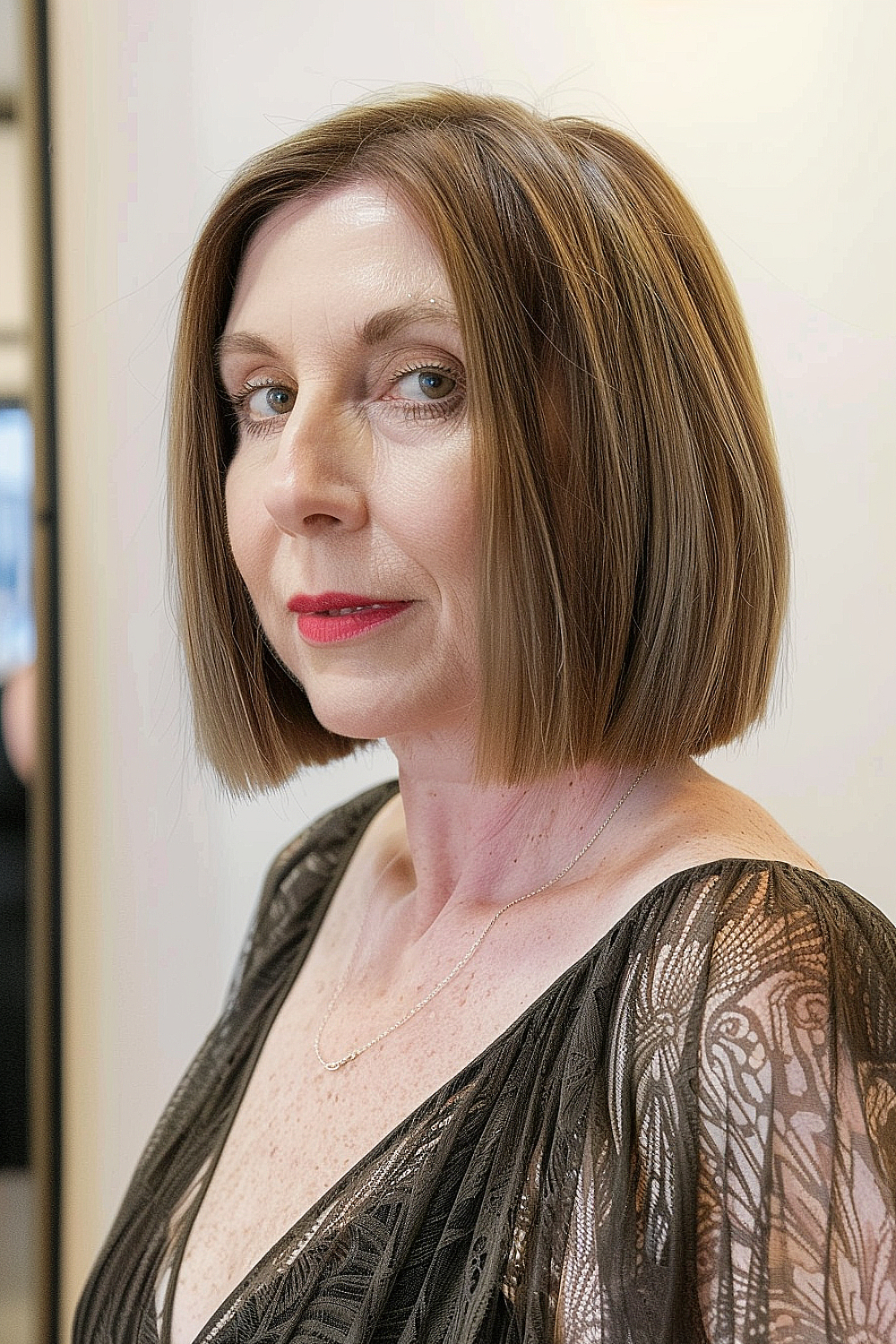 A woman with an elegant blunt bob, featuring a brunette base and subtle lowlights