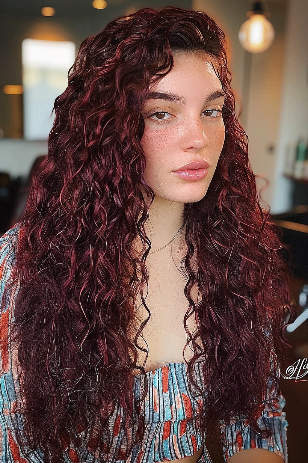 Long curls with a deep burgundy hue