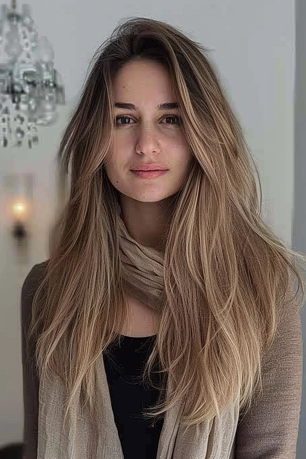 A woman with long layered hair in a blend of sandy and beige tones