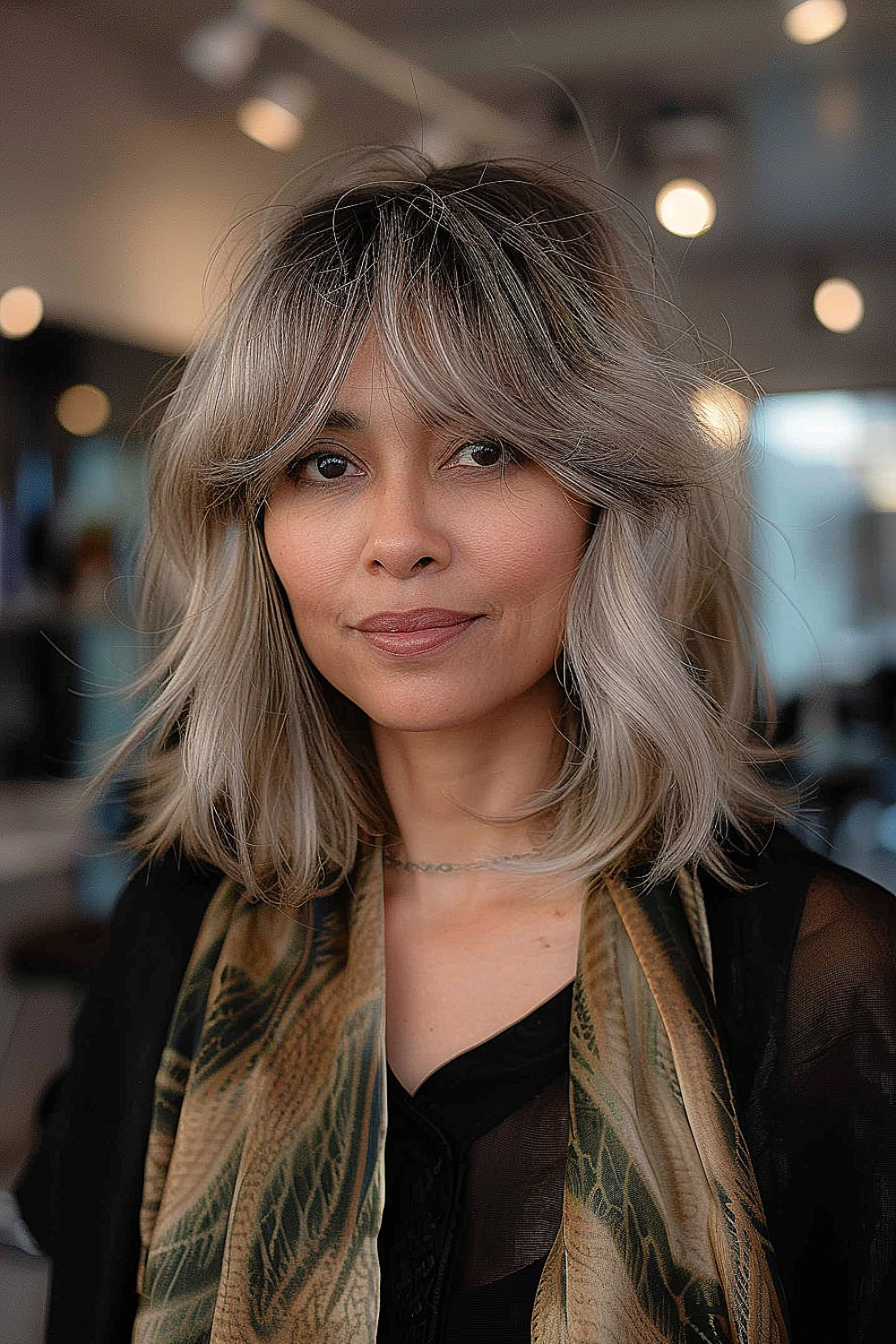 Mid-length ash blonde hairstyle with soft waves and feathered curtain bangs on a woman