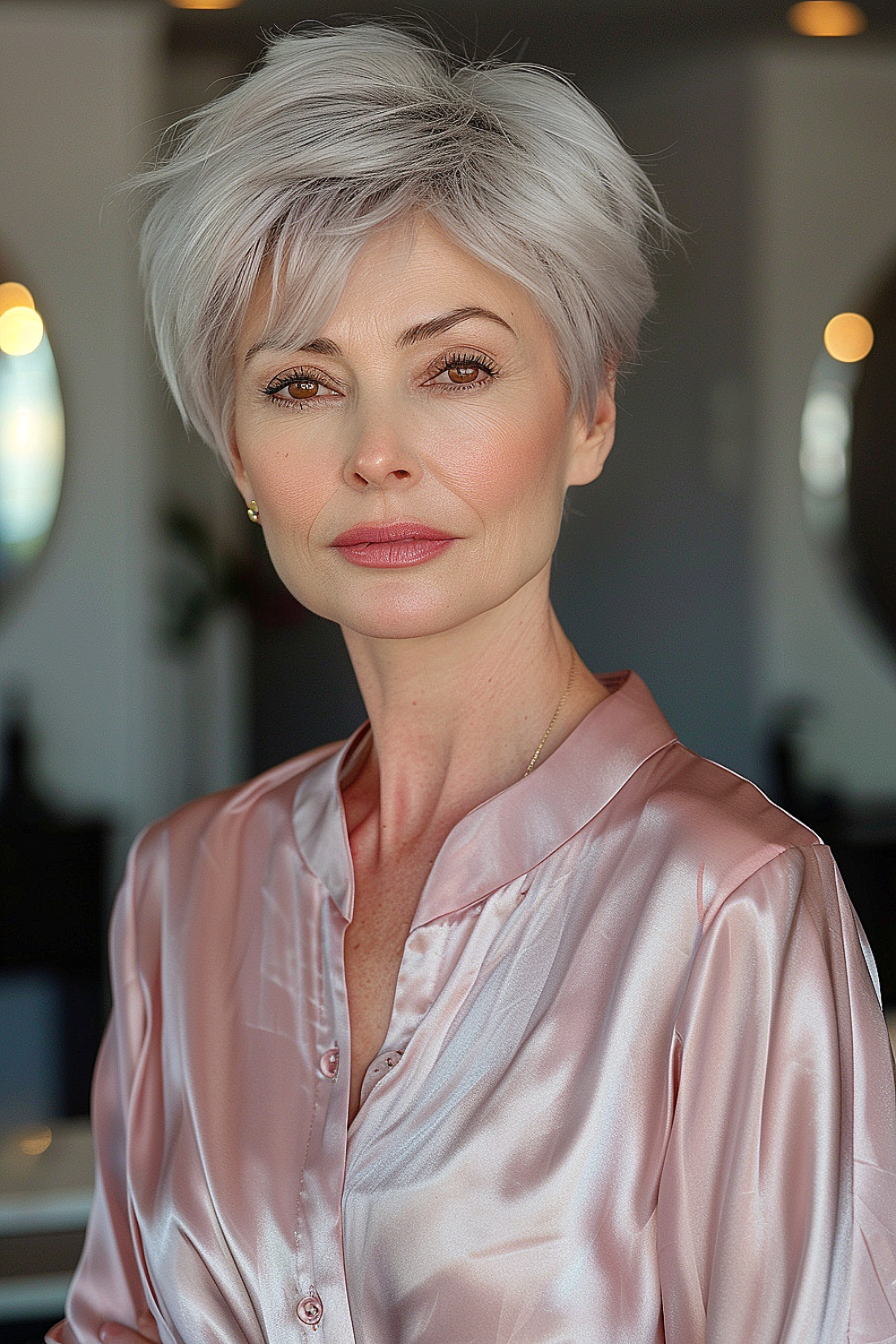 Woman with a stylish silver pixie haircut