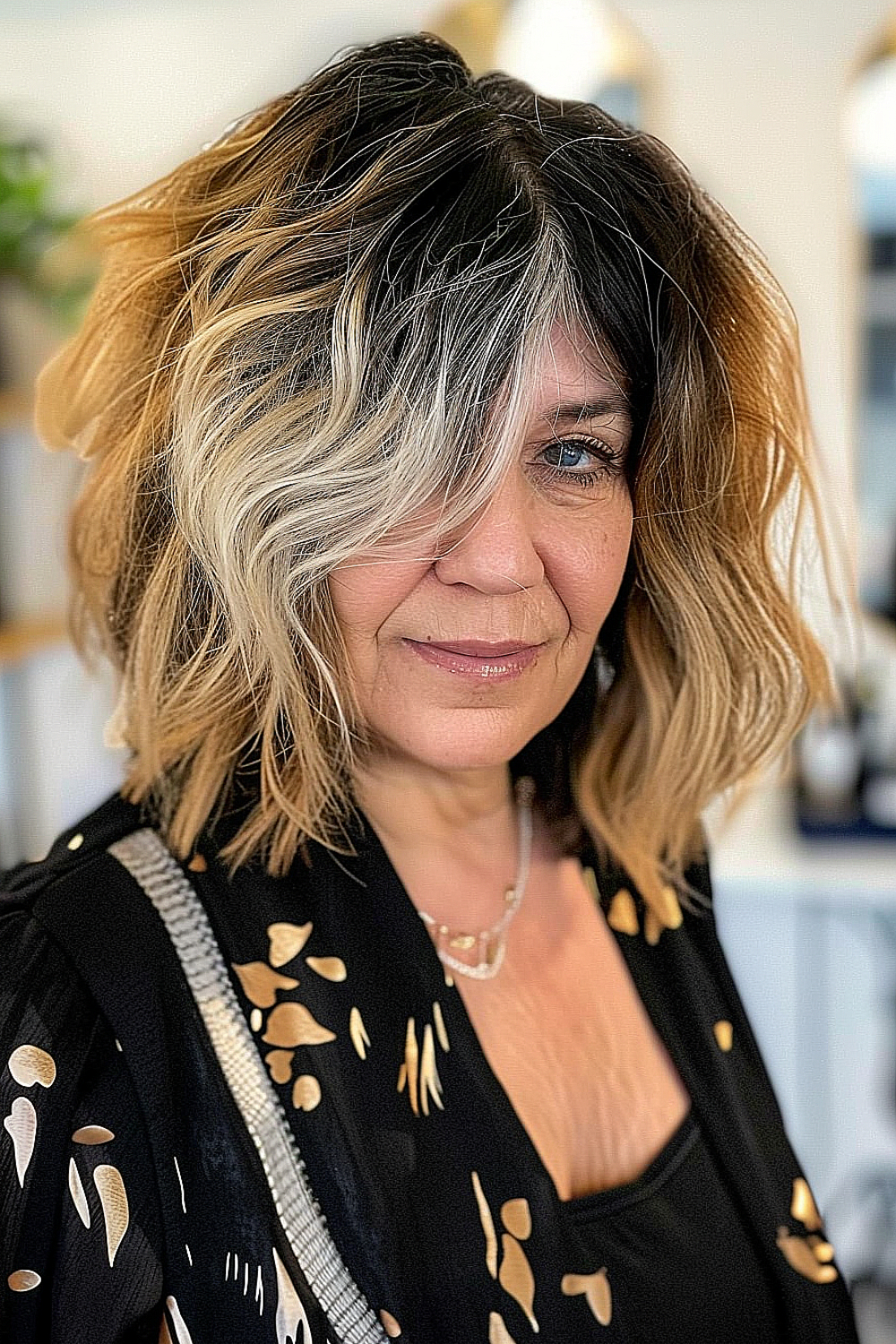 Woman with a shag haircut featuring a honey blonde ombré and sweeping bangs