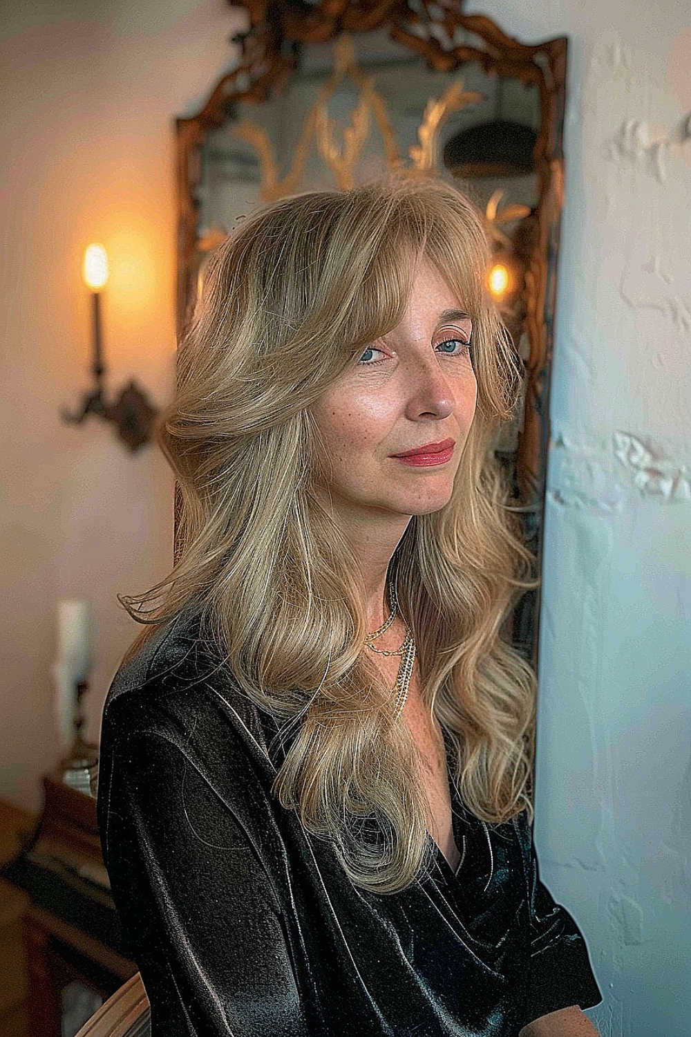 Elegant shag cut with soft waves and warm blonde tones for women over 70