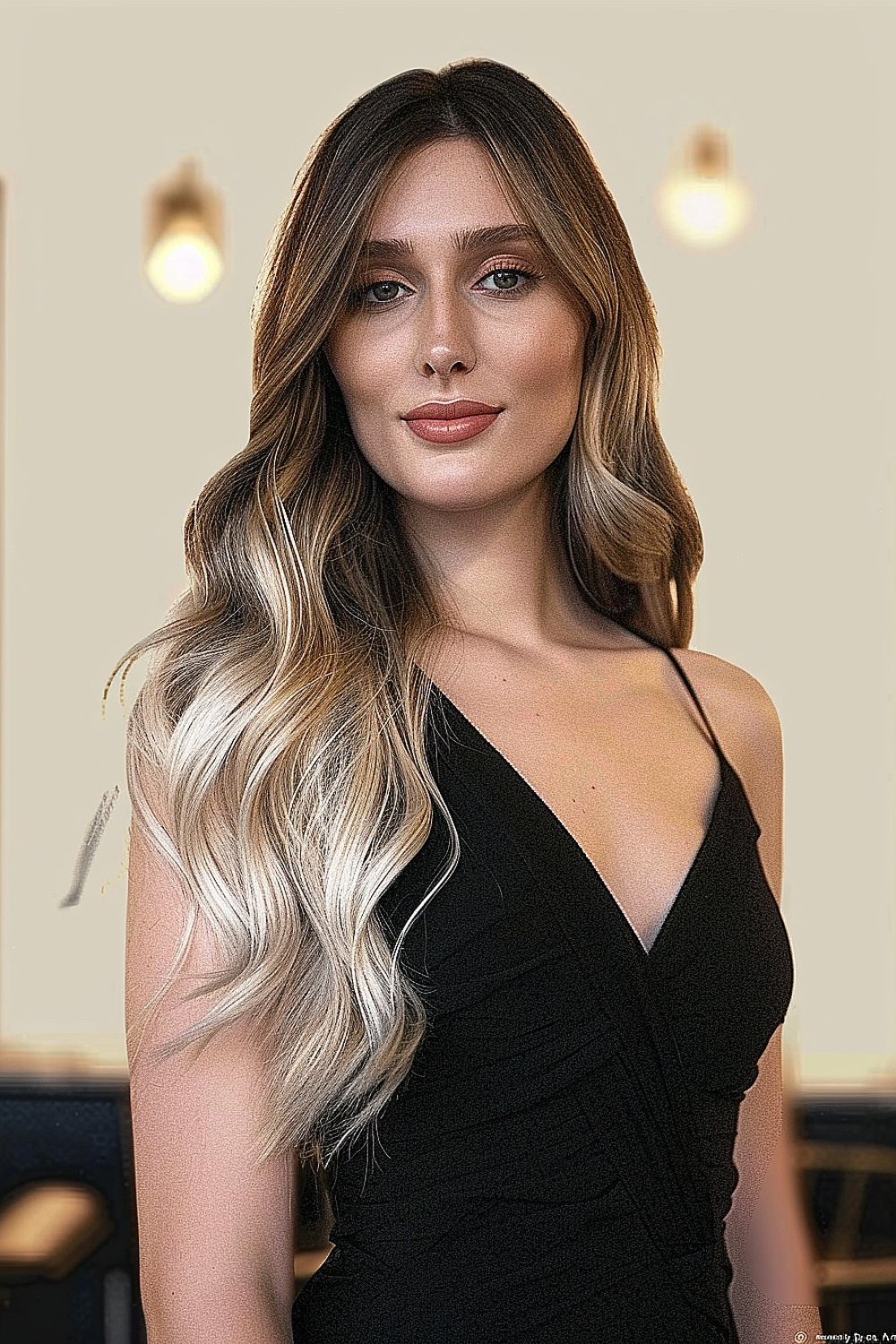 Long hair with soft waves and an ombre effect from dark roots to light blonde ends