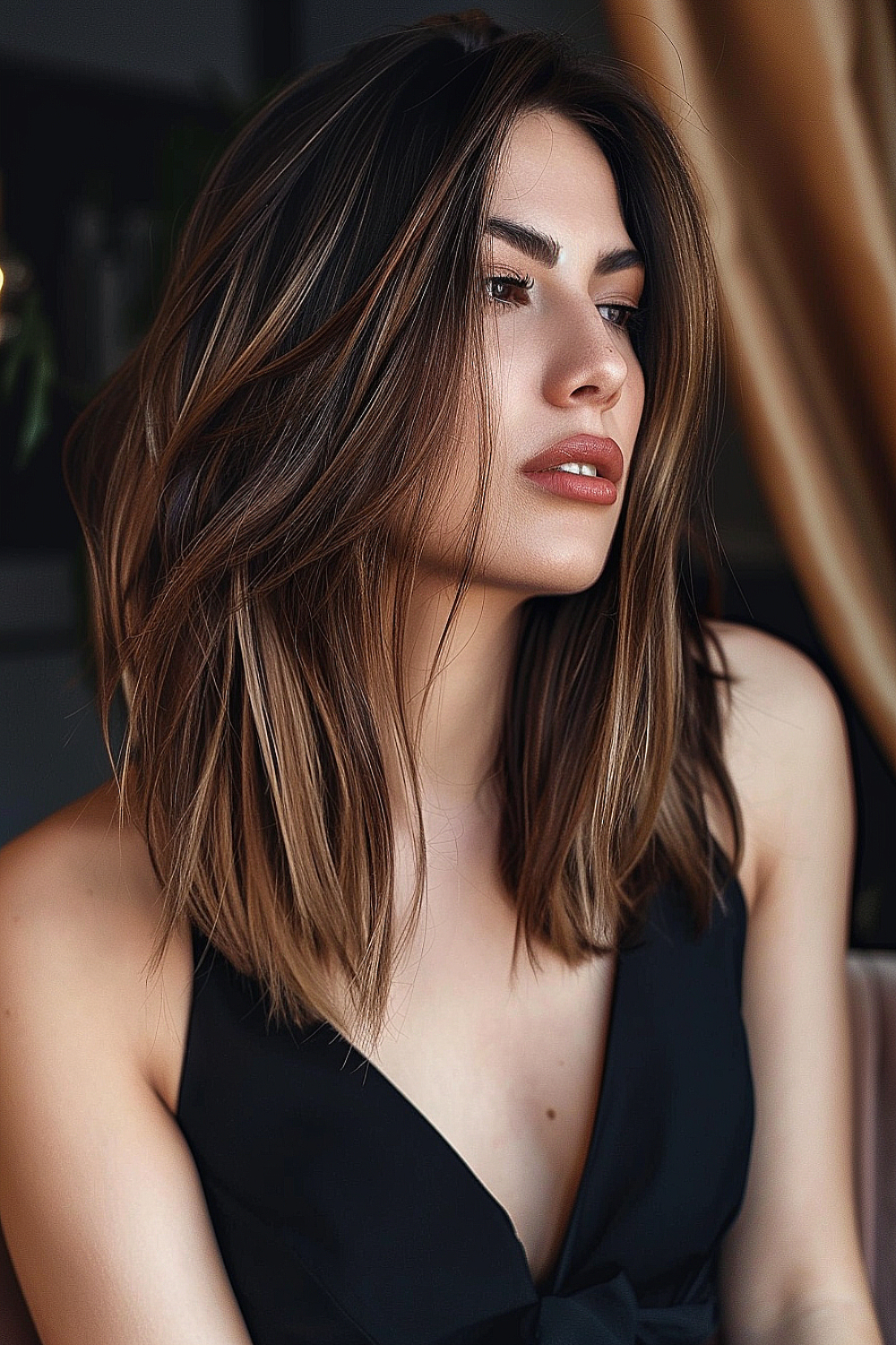 Woman with a tapered long bob with caramel balayage highlights