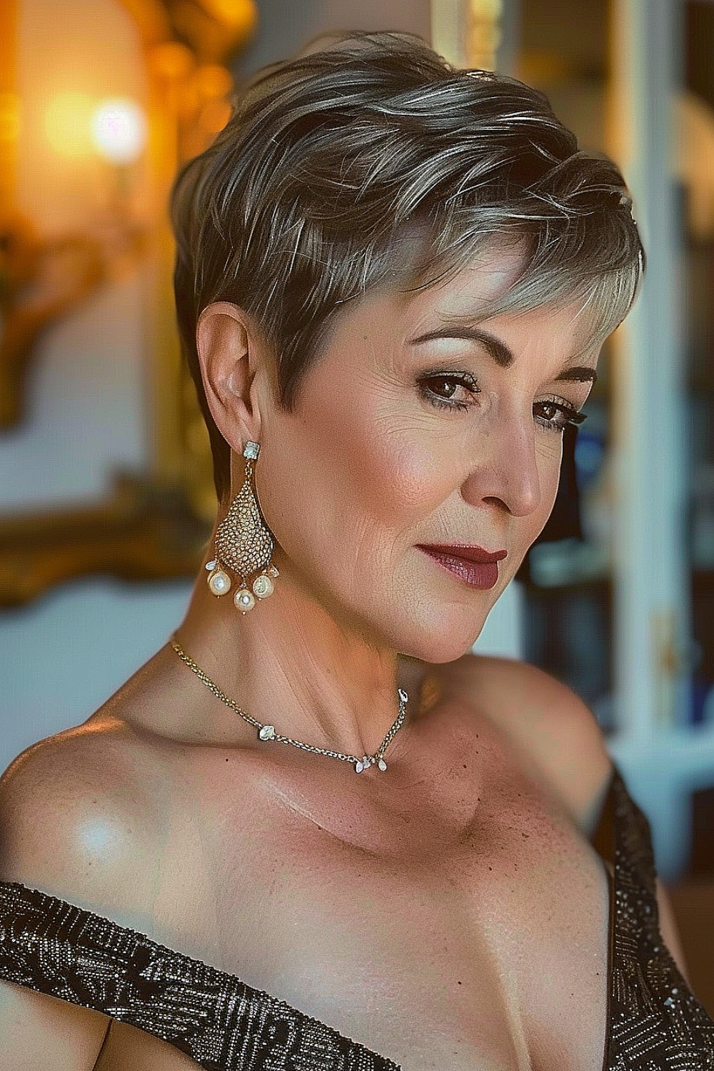 Elegant tapered pixie cut with silver hair on a woman over 50