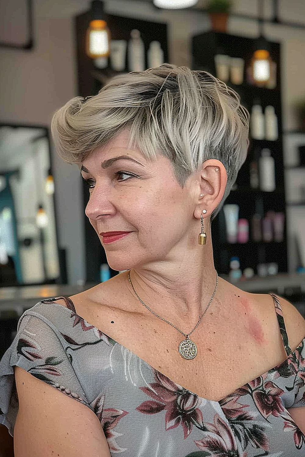 Woman with an elegantly tapered pixie cut featuring side-swept bangs in a blend of silver and ash tones