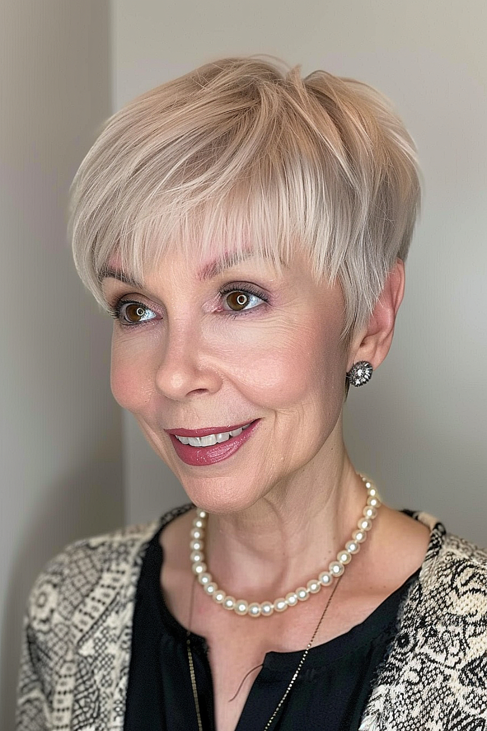 Woman with a soft pixie cut and wispy bangs