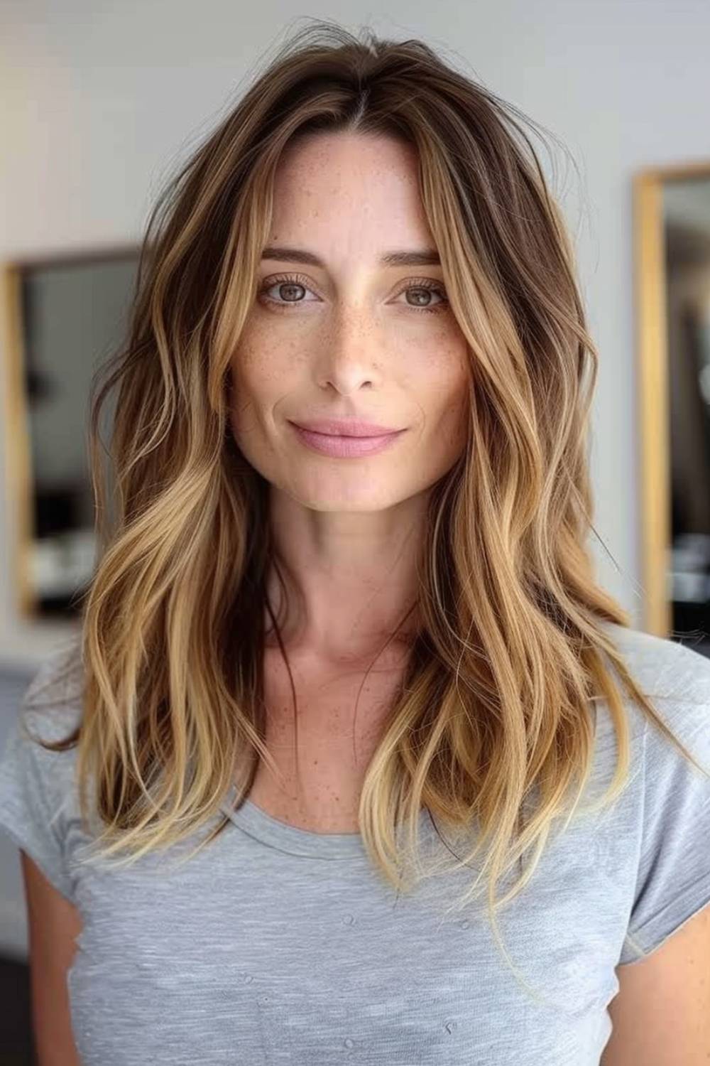 Face framing layers with subtle waves for thin hair