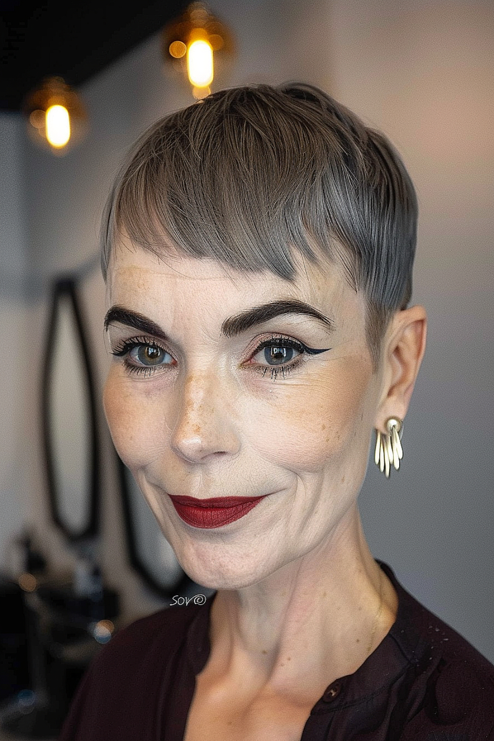 A woman with a fashion-forward pixie cut featuring asymmetrical bangs in a gradient of charcoal to gray