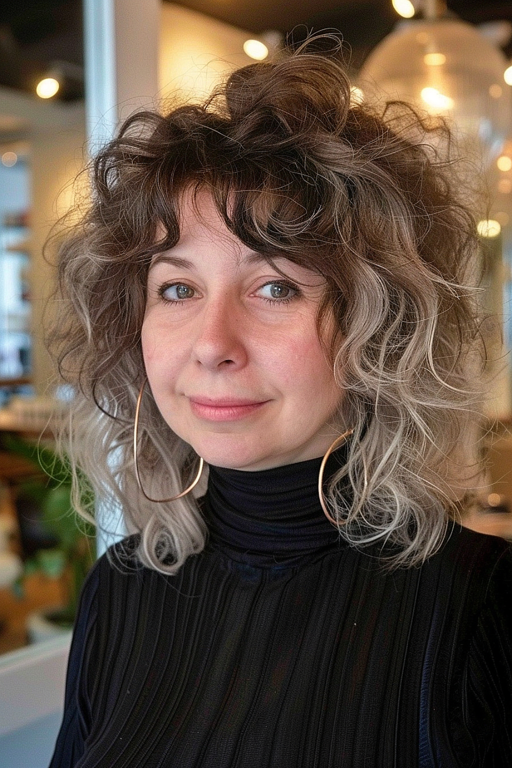 Feathered bangs with voluminous curls from a perm