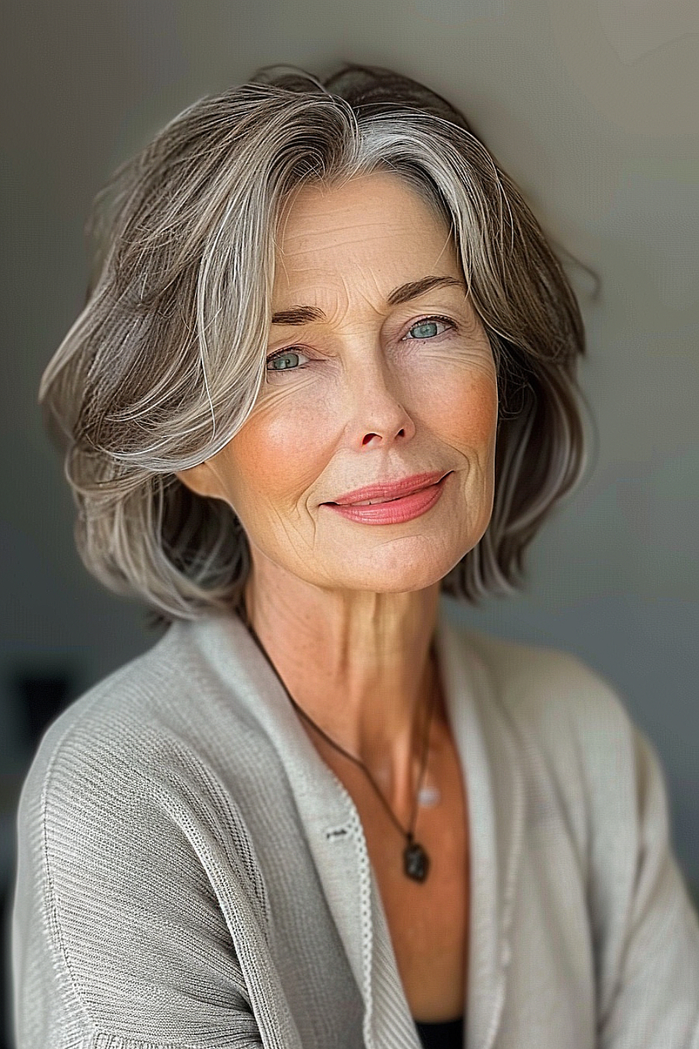 Older woman with a feathered bob haircut in silver and charcoal tones