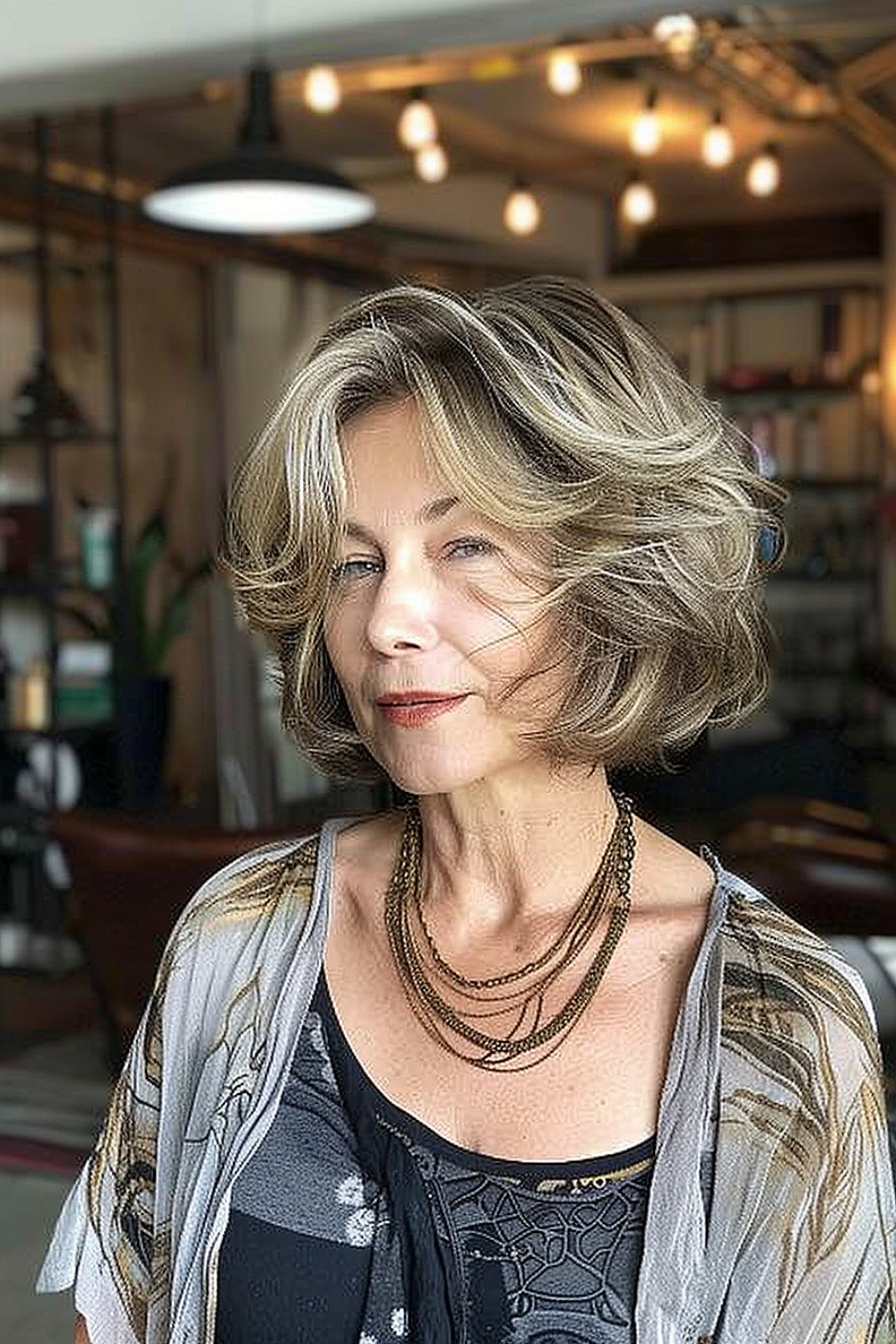 Woman with a feathered bob featuring blended highlights and soft layers for mature elegance