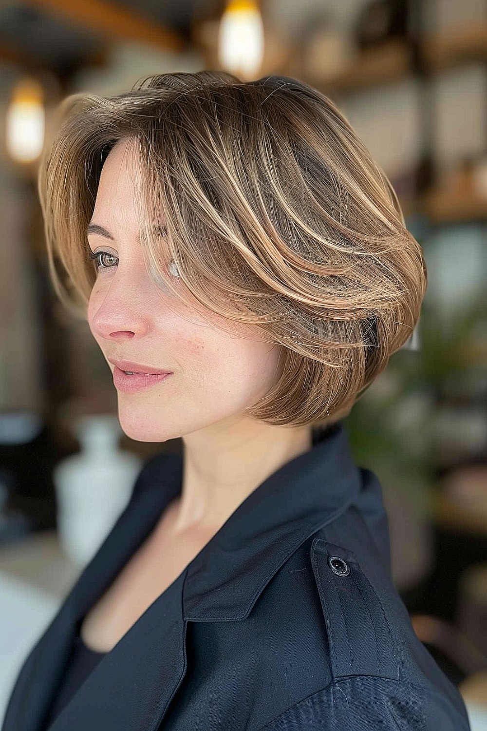 Feathered bob hairstyle with side-swept bangs