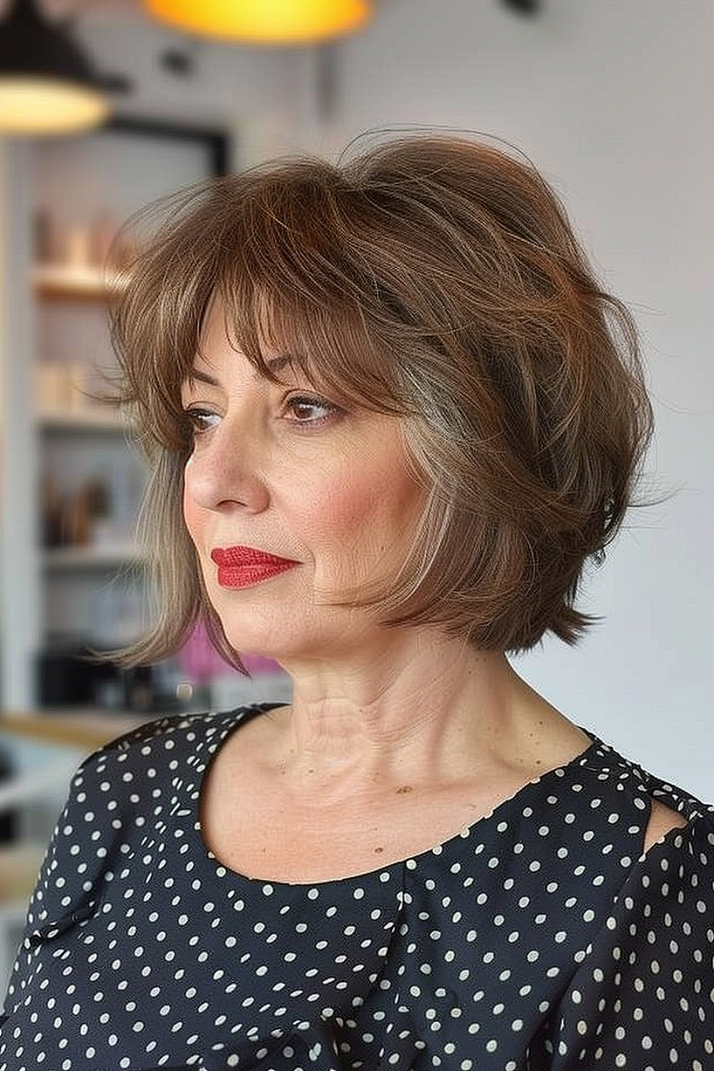 Woman with a feathered bob and soft curtain bangs in warm brunette