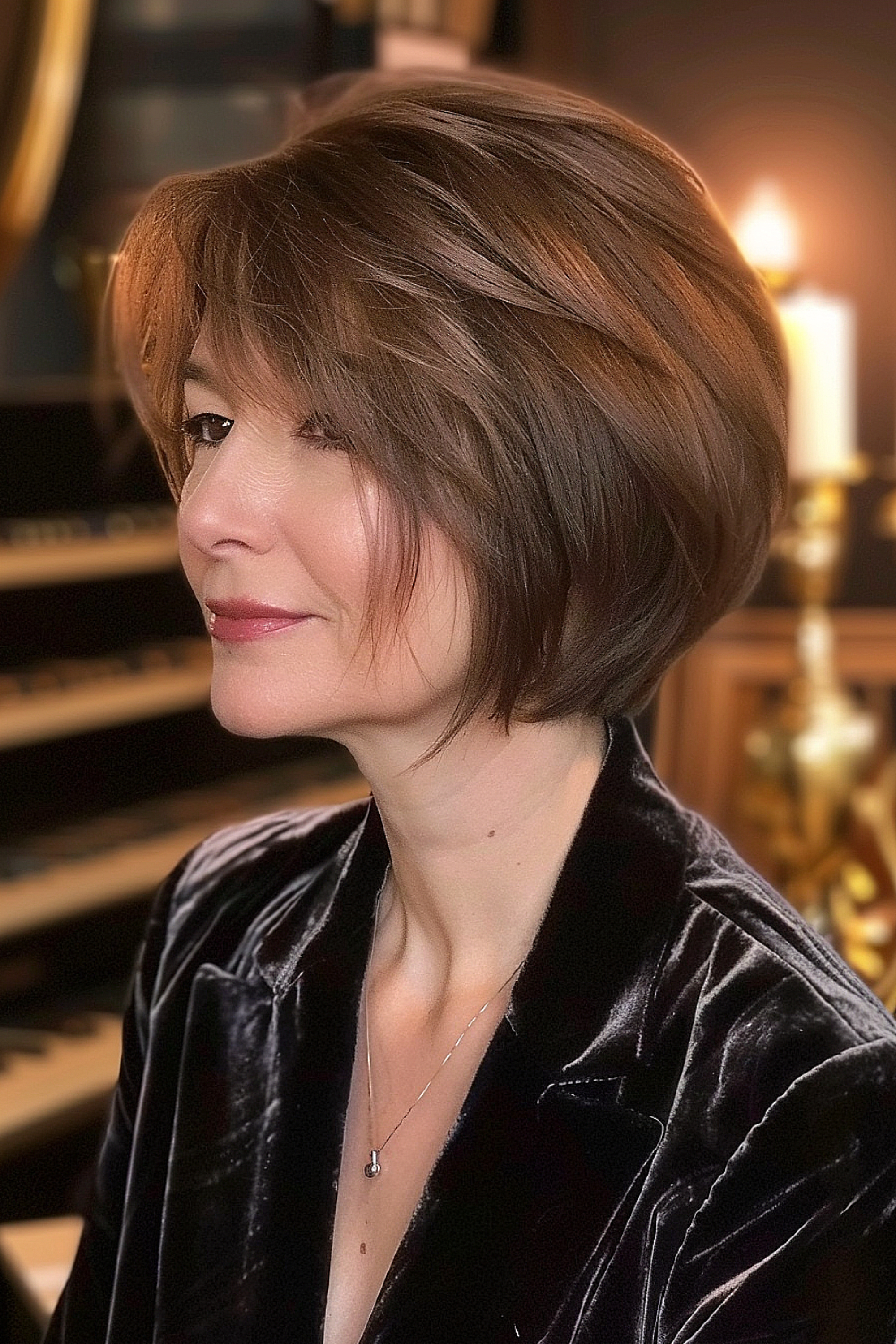 Woman with an elegant feathered bob and soft side fringe in warm brunette with caramel highlights