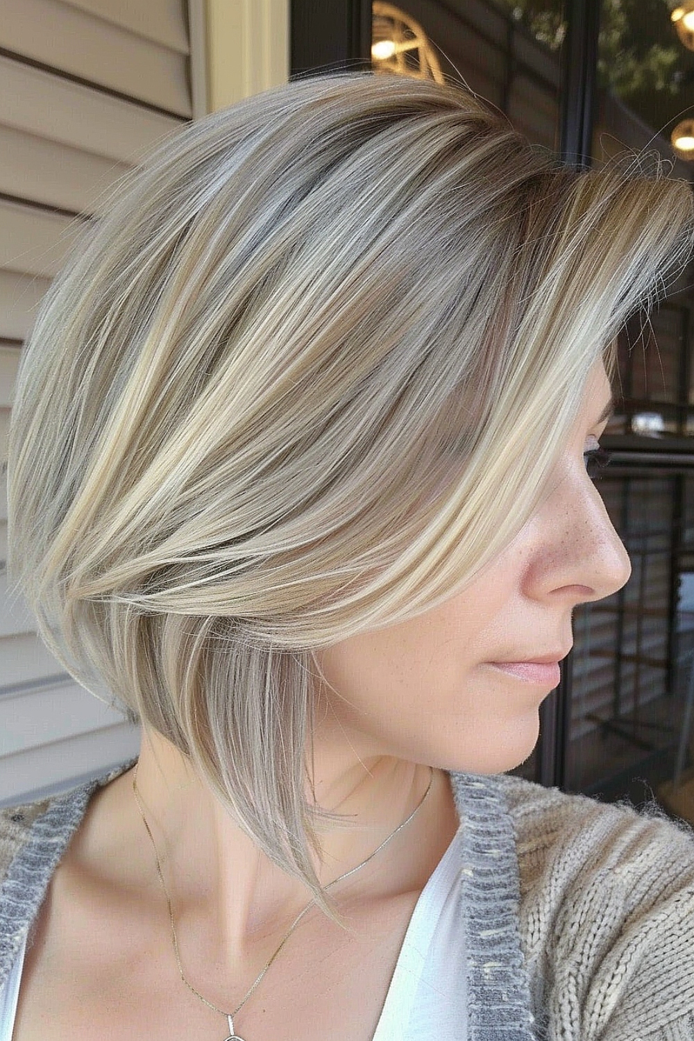 Feathered inverted bob with ash blonde color