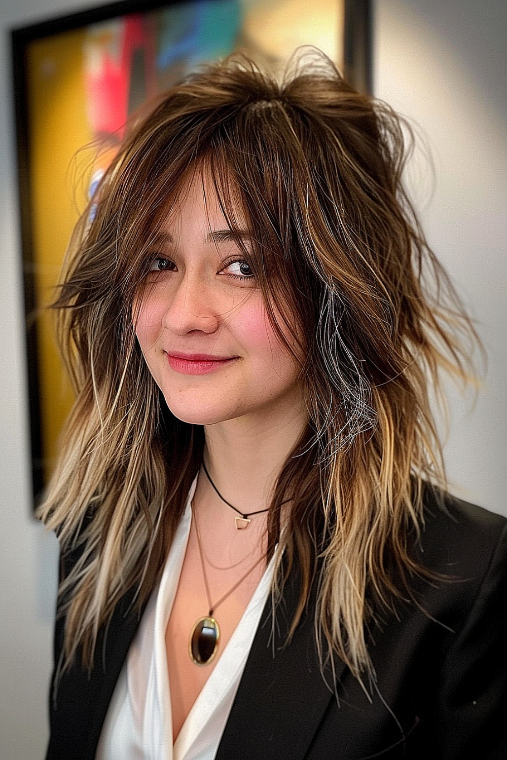 Woman with a feathered medium cut for textured hair, featuring a brunette to blonde balayage