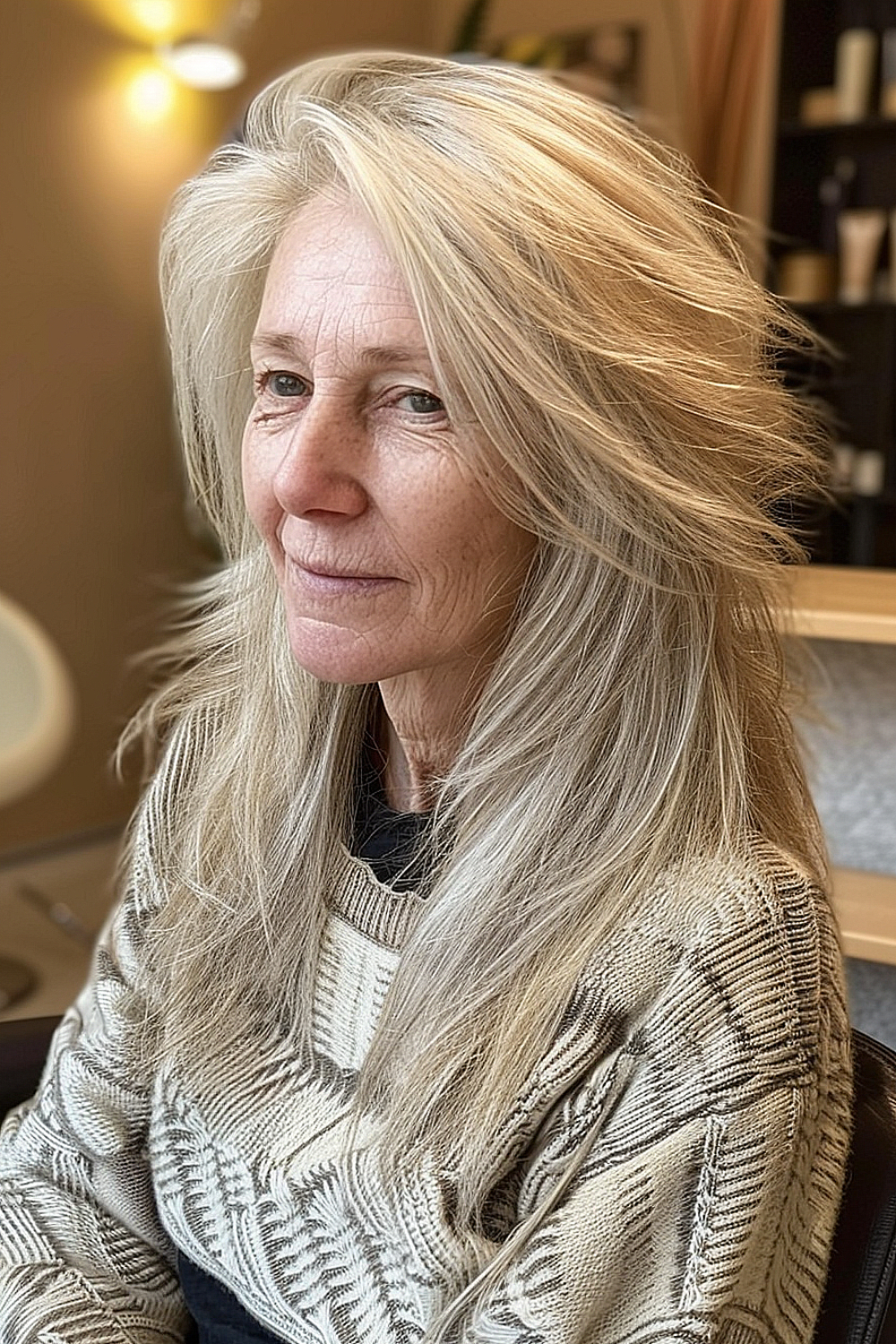 Woman over 70 with a feathered medium-length hairstyle in natural silver