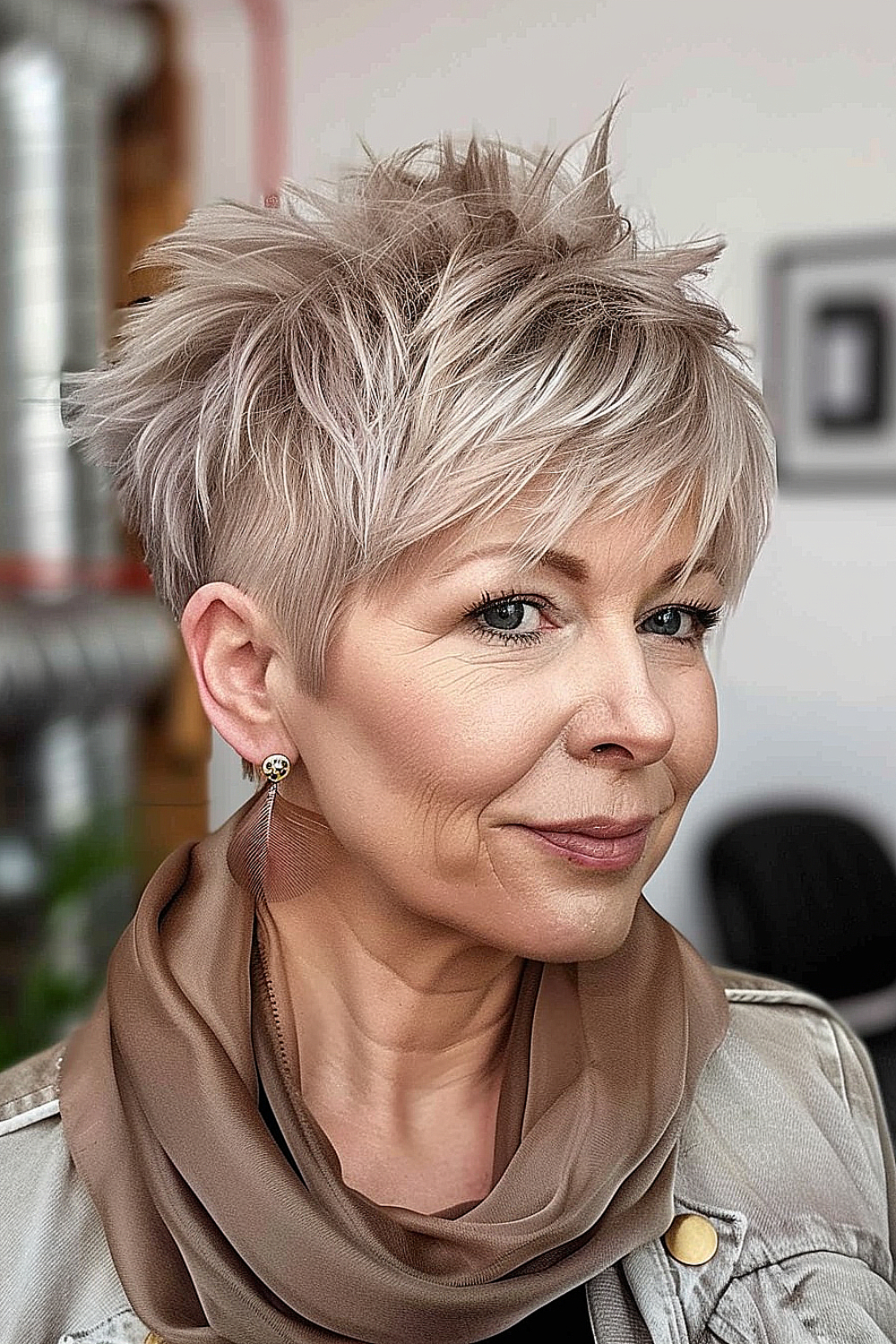 A woman with an elegant feathered pixie haircut showcasing simplicity and style