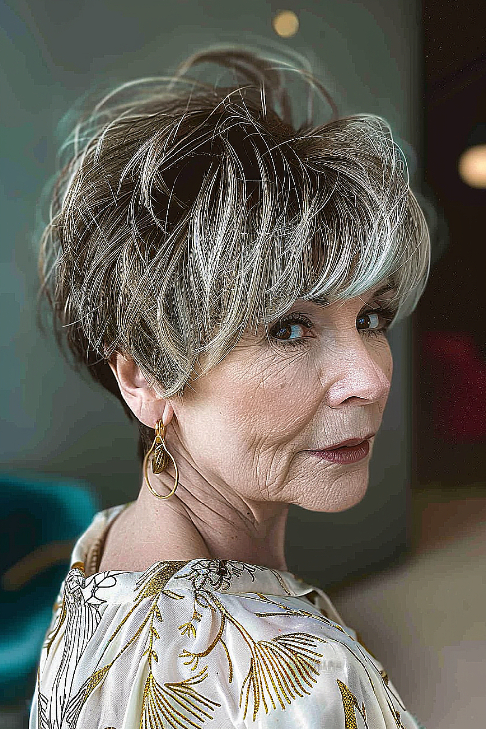 Woman over 50 with a feathered pixie haircut and soft bangs in silver and ash blonde tones.