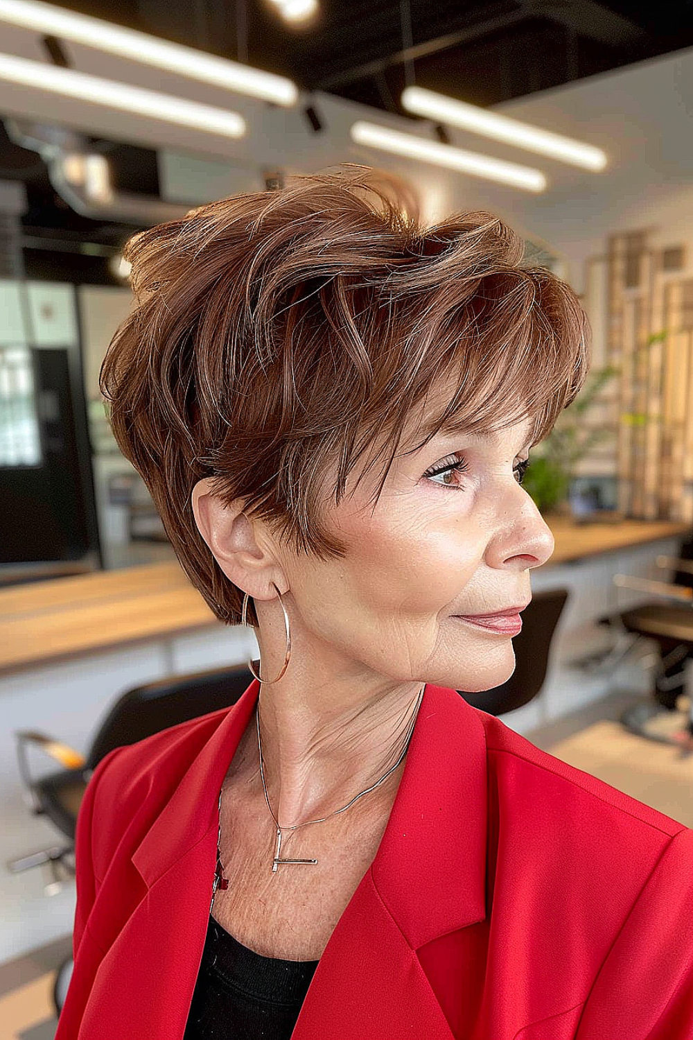 Woman with a feathered pixie haircut featuring soft highlights and voluminous layers