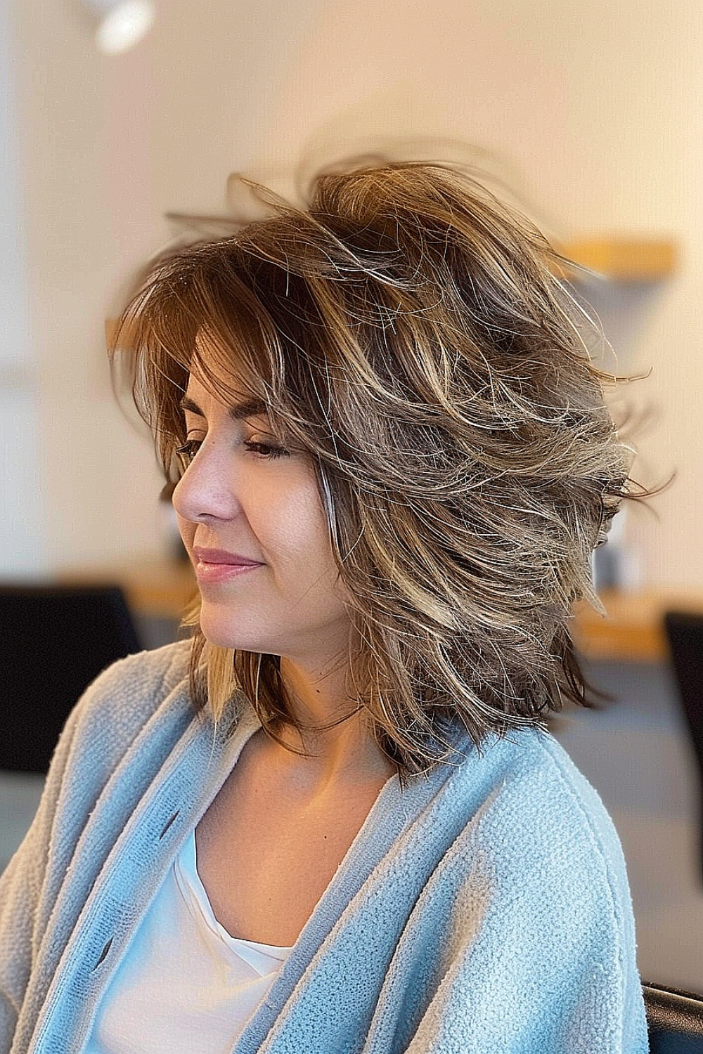 Woman with a feathered shag haircut for a soft look