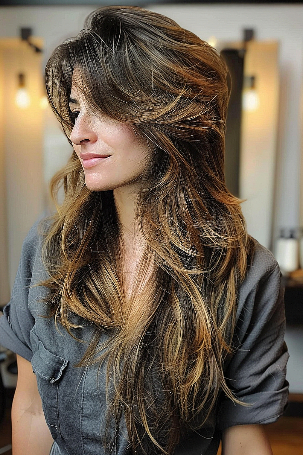 Long feathered shag haircut with honey highlights and layered styling for a sophisticated look