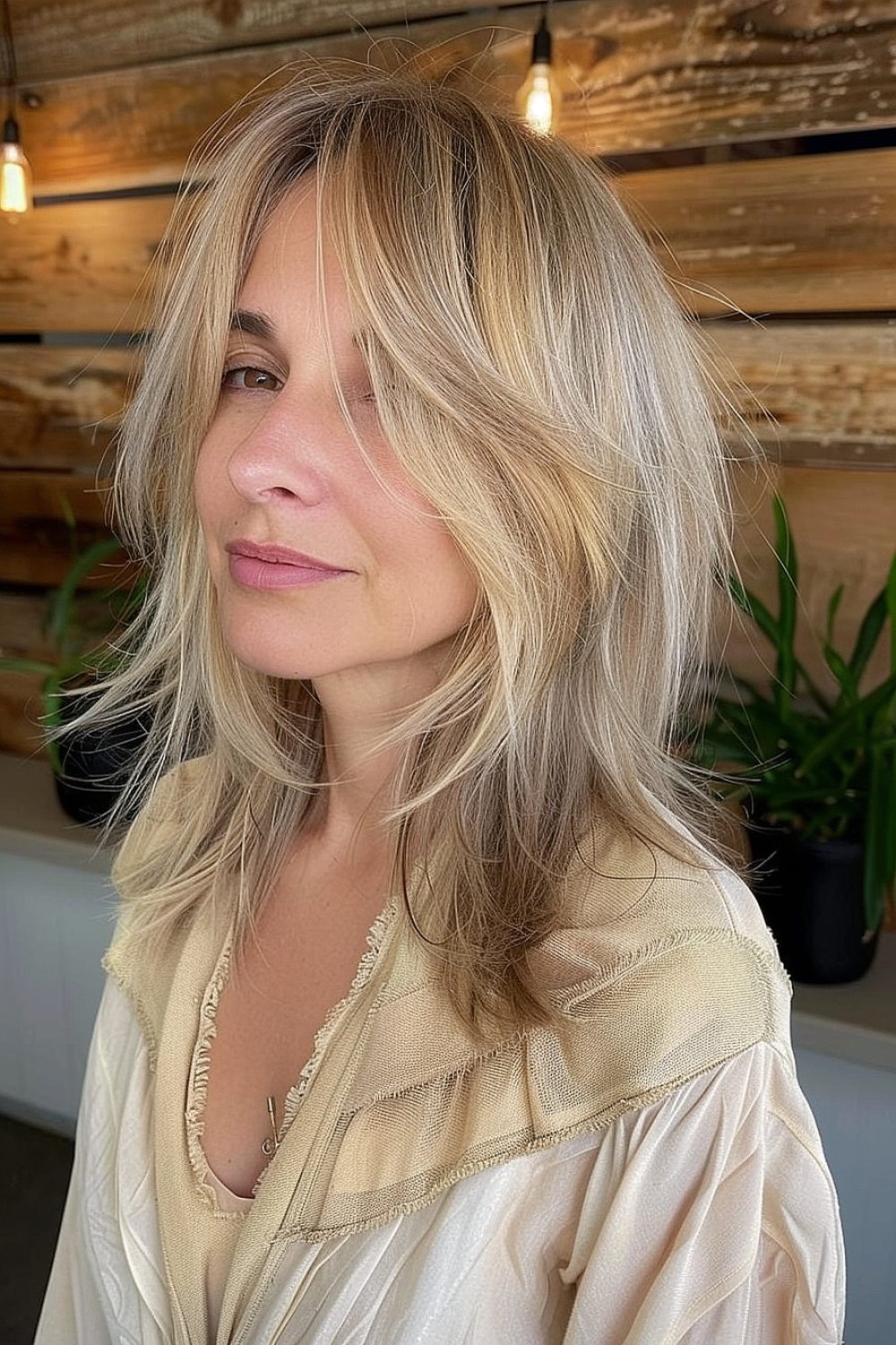 Woman with a feathered shag haircut featuring soft, flowing layers