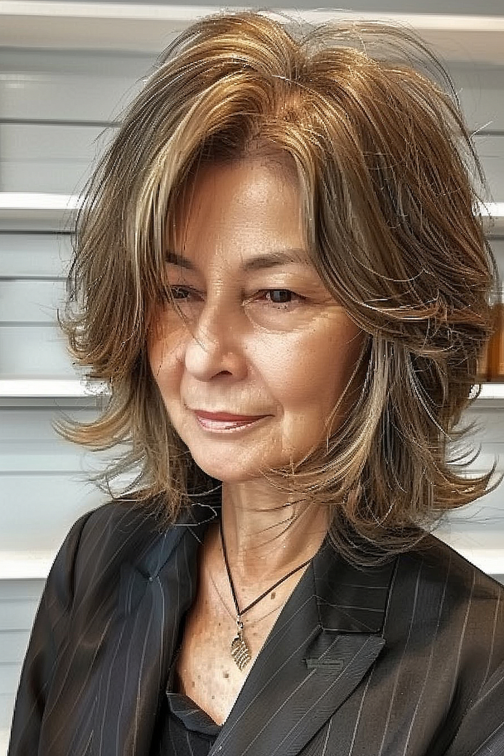 A woman in her 60s with a feathered shag hairstyle, featuring light and airy layers in honey and ash tones