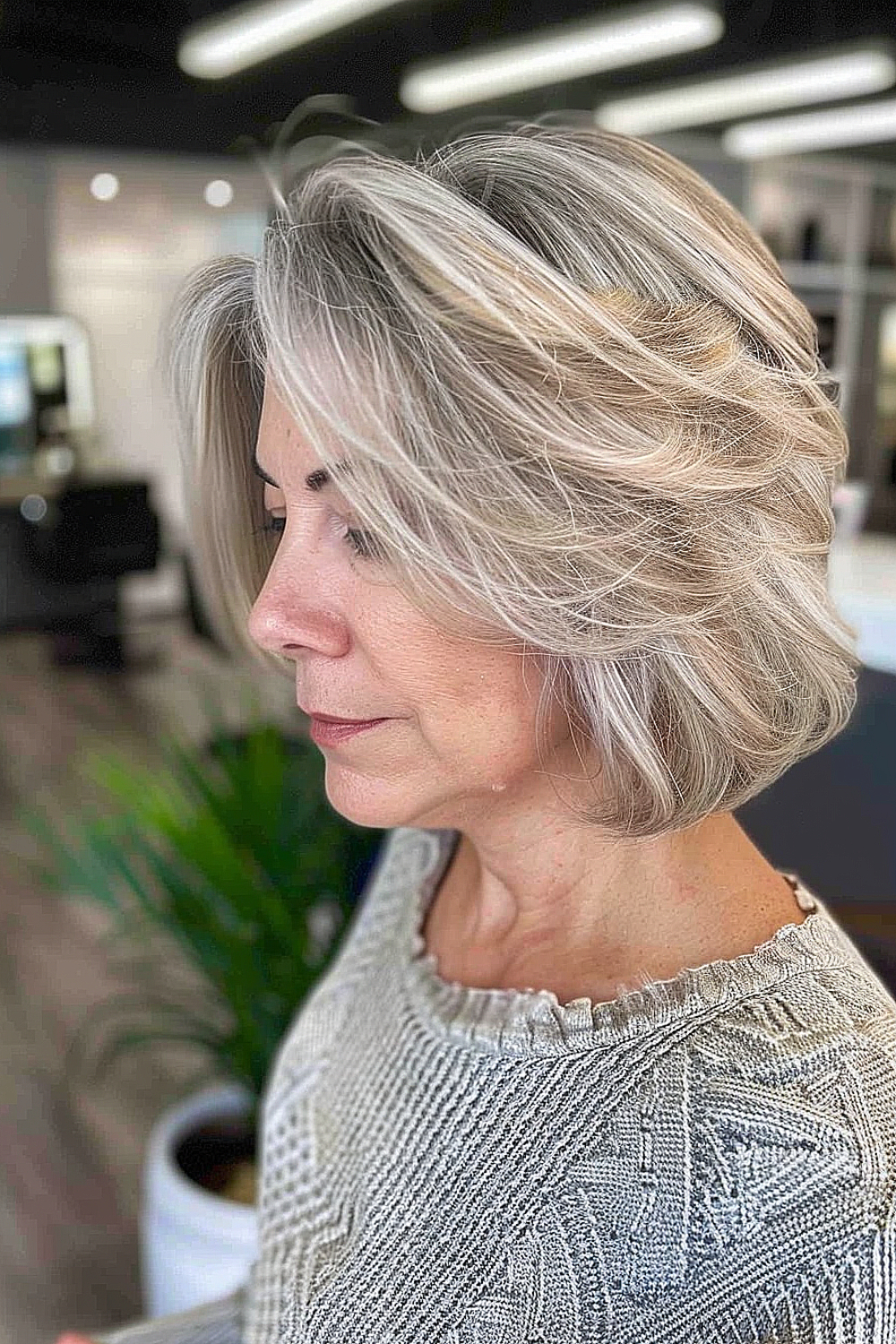 Woman with a feathered textured bob and ash blonde hair.