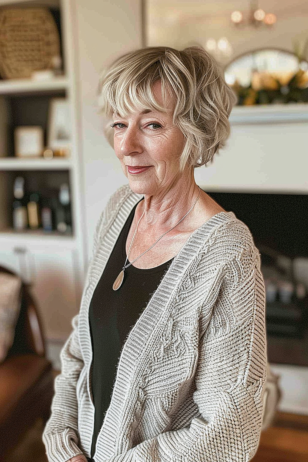 A woman with a feminine short haircut featuring soft layers and bangs in light ash blonde