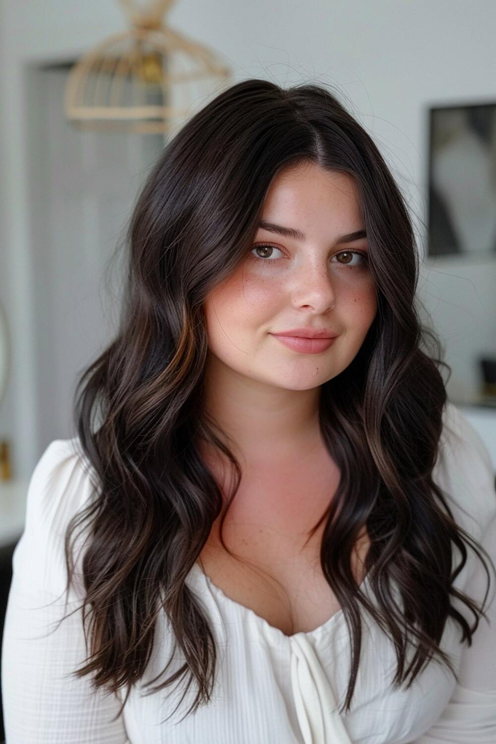 Flattering long layered hairstyle for round faces