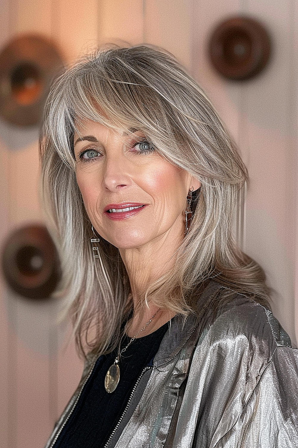 A woman with a flowing layered haircut and swooping bangs