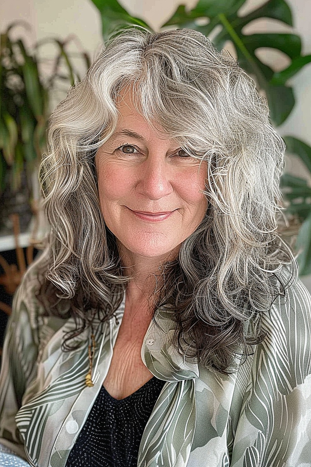 Flowing shag haircut with subtle curls on a woman over 70