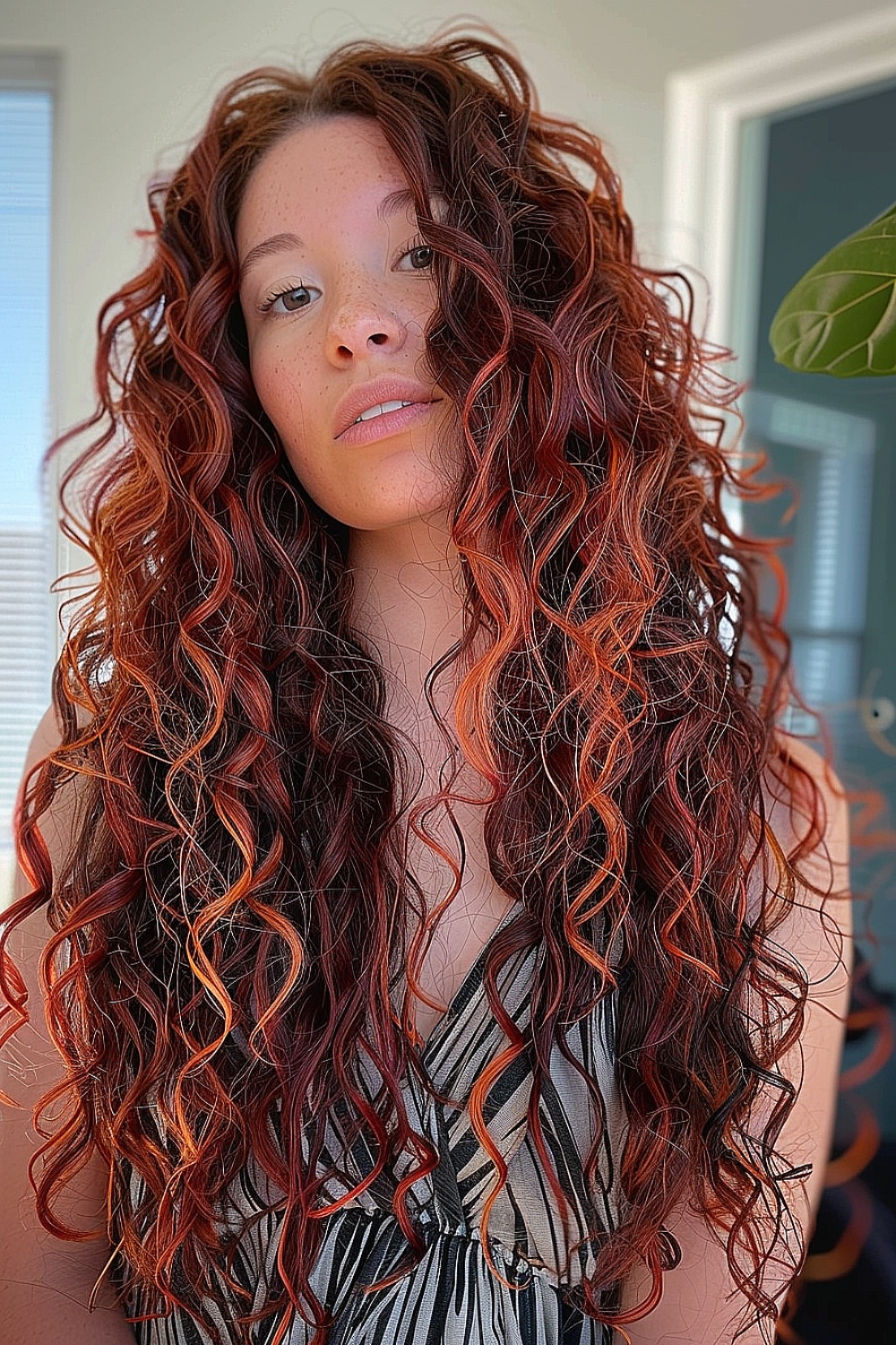 Long free-flowing curls with fiery red hues