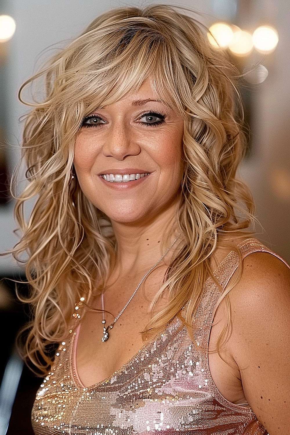 Woman with golden waves and side-swept bangs