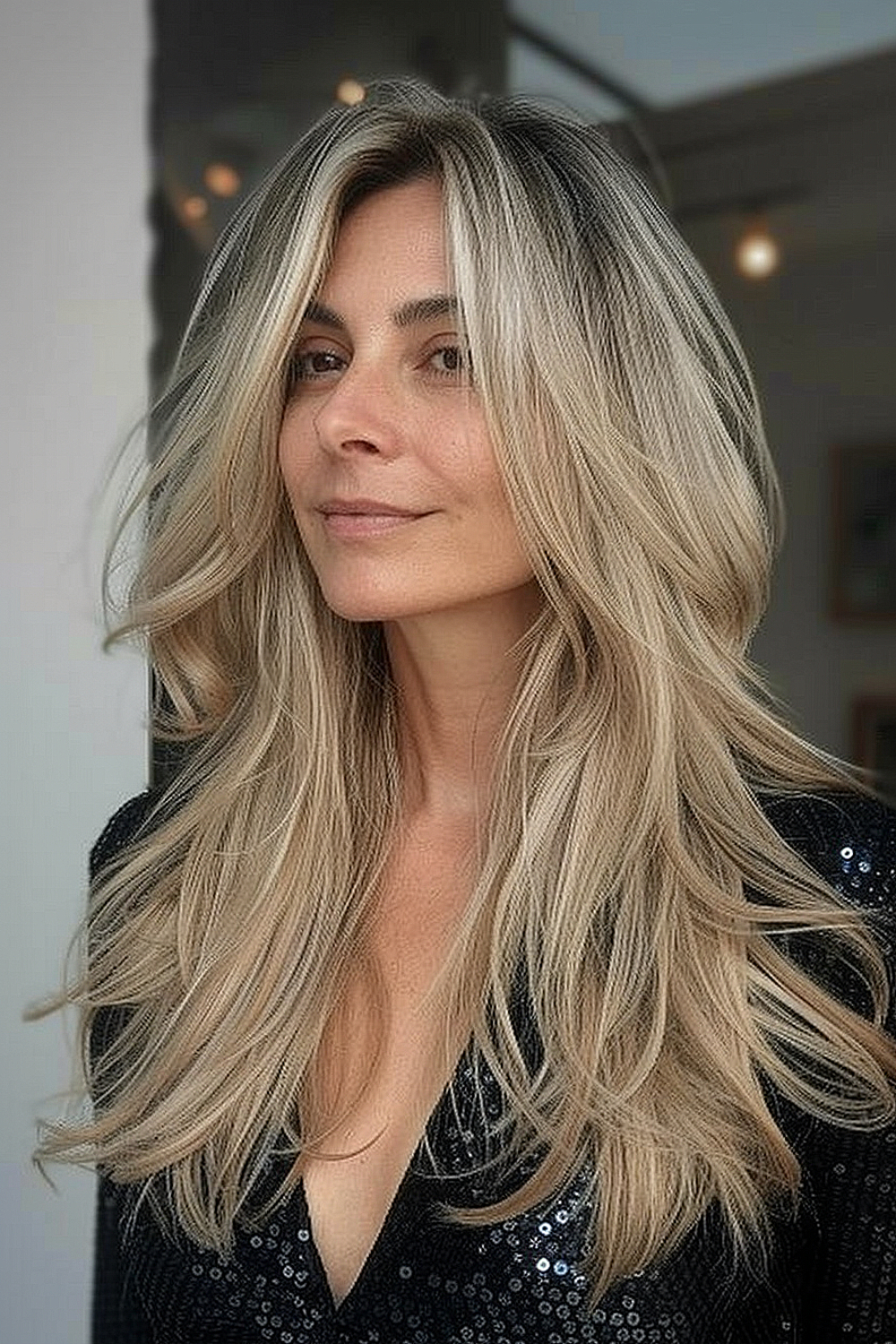 Woman with a smooth ash blonde balayage and feathered ends in her long layered hair