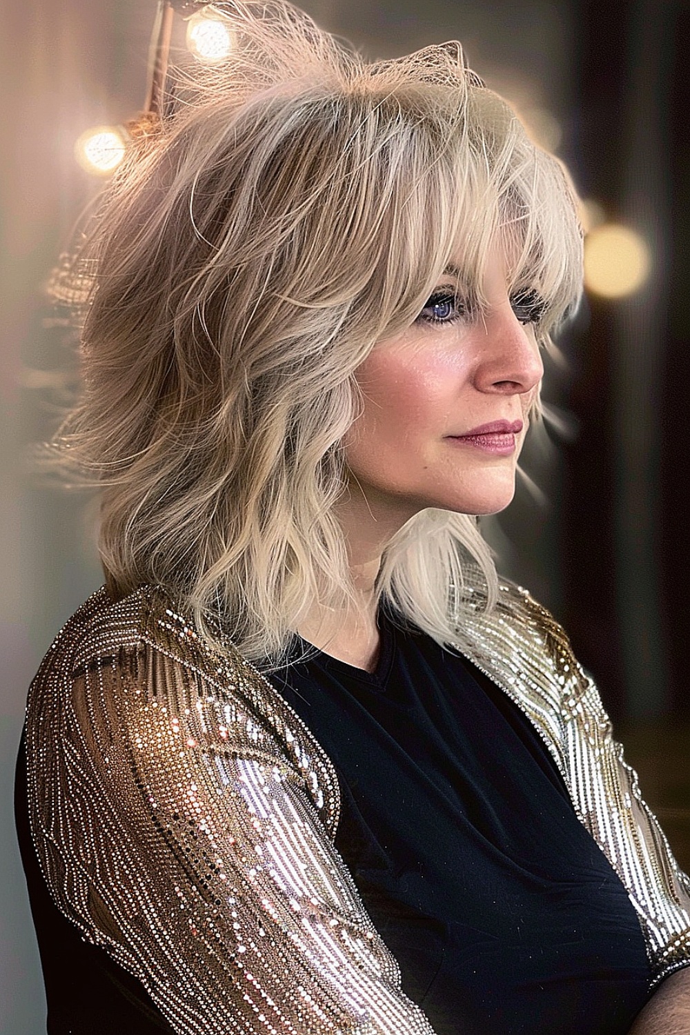 Glamorous shag haircut with soft bangs and vintage-inspired layers on a woman over 70.