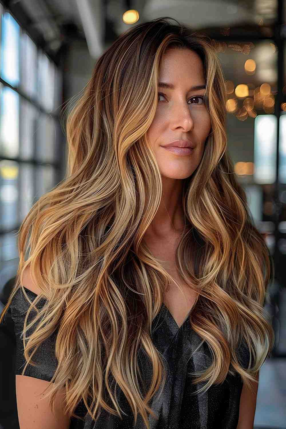 Golden amber highlights on wavy tresses