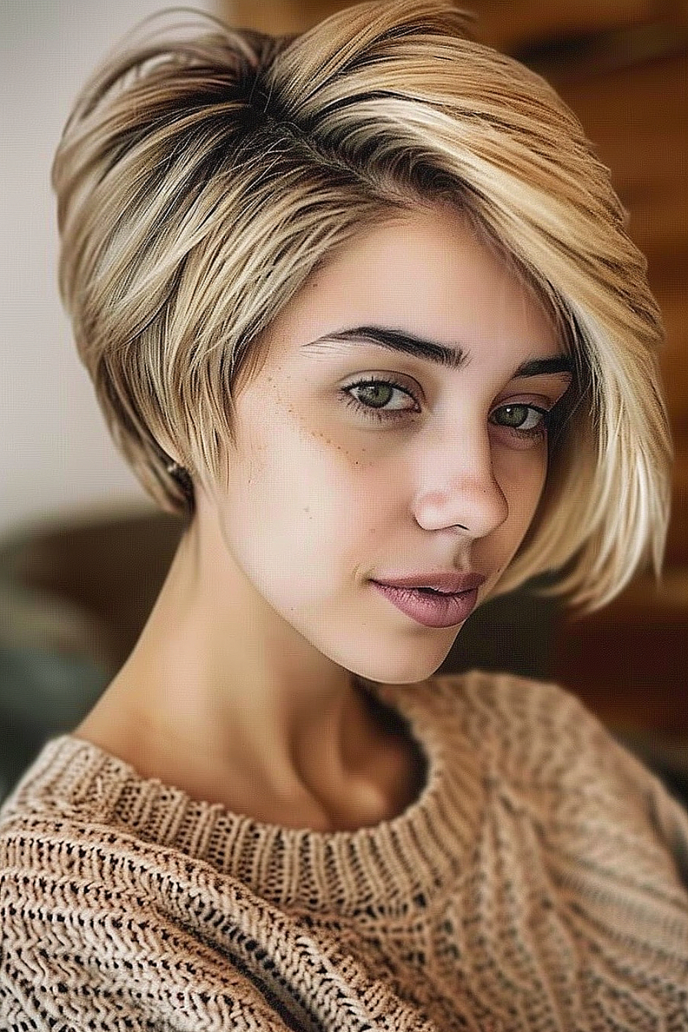 Woman with a golden blonde bixie haircut and volumizing blowout