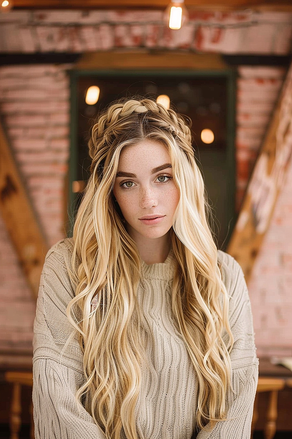 Woman with golden blonde hair and a braided crown