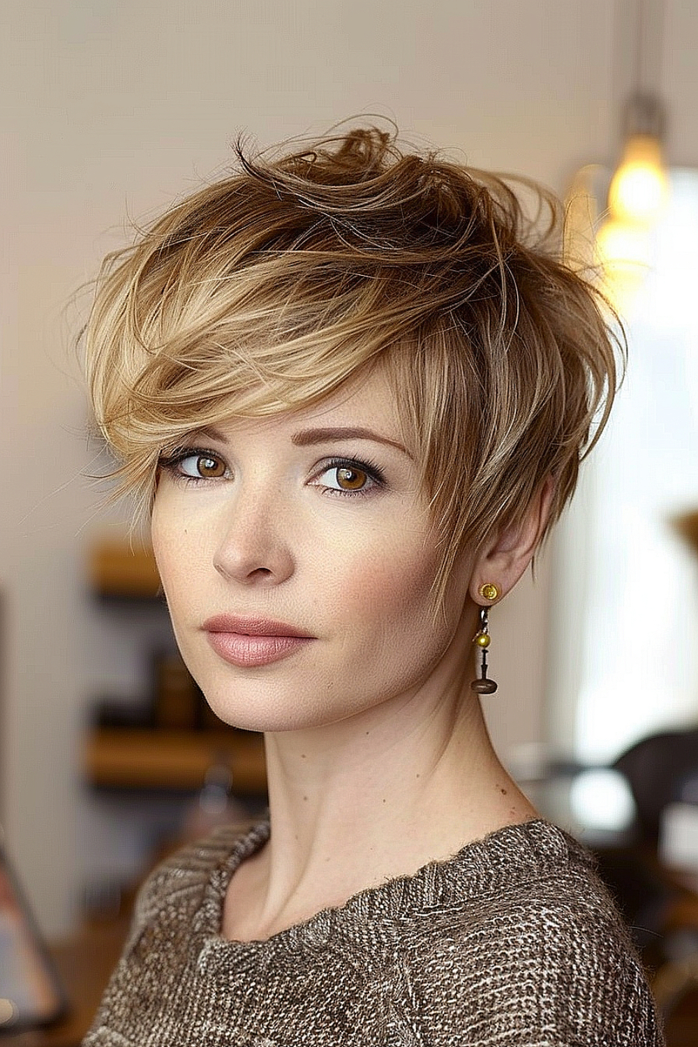 Golden wheat layered pixie with side-swept fringe